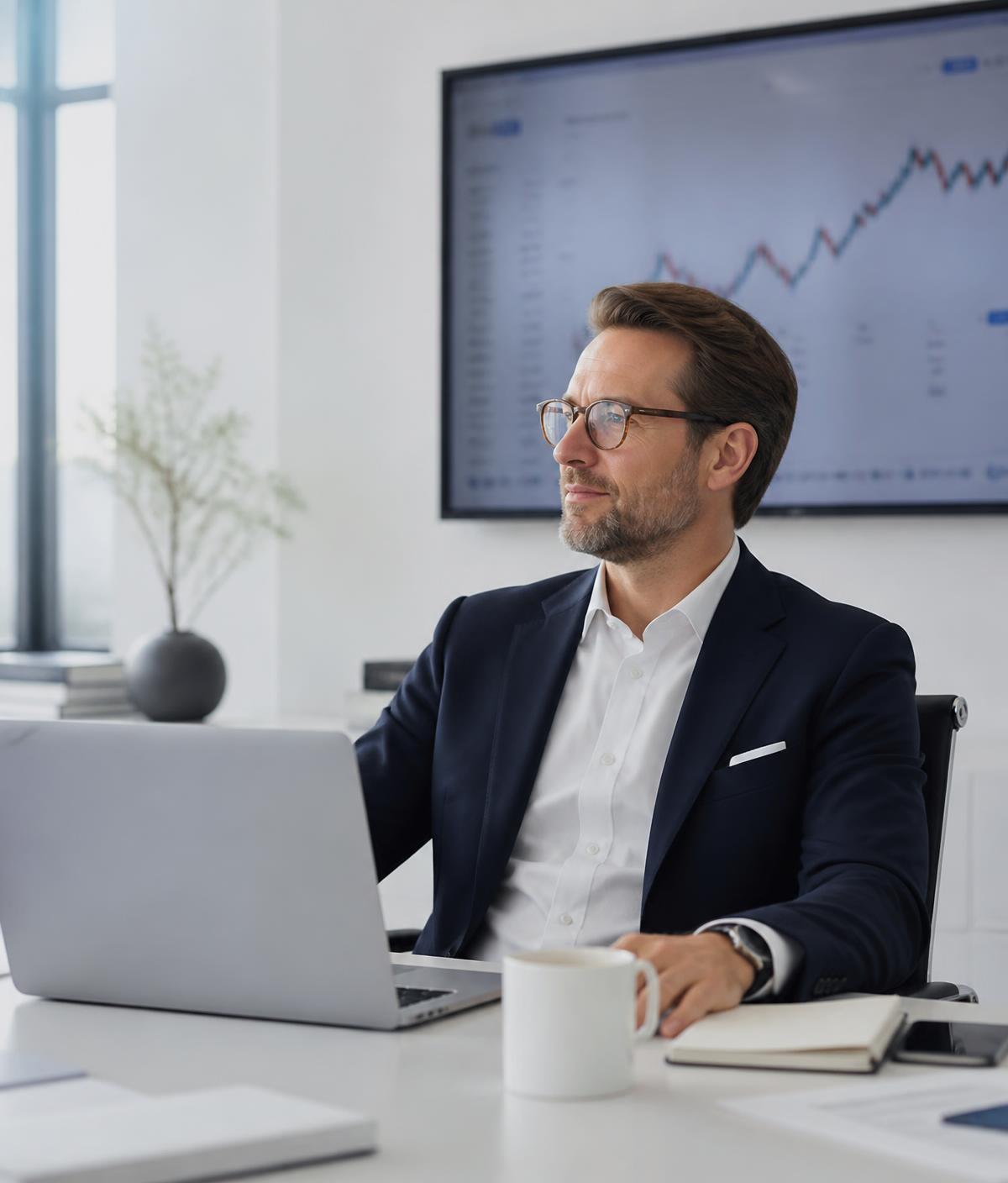 Portfolio manager reviewing digital asset performance in a modern office